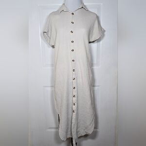 Beige Button-Down Midi Collar Button Short Sleeve Dress Crinkle Crepe